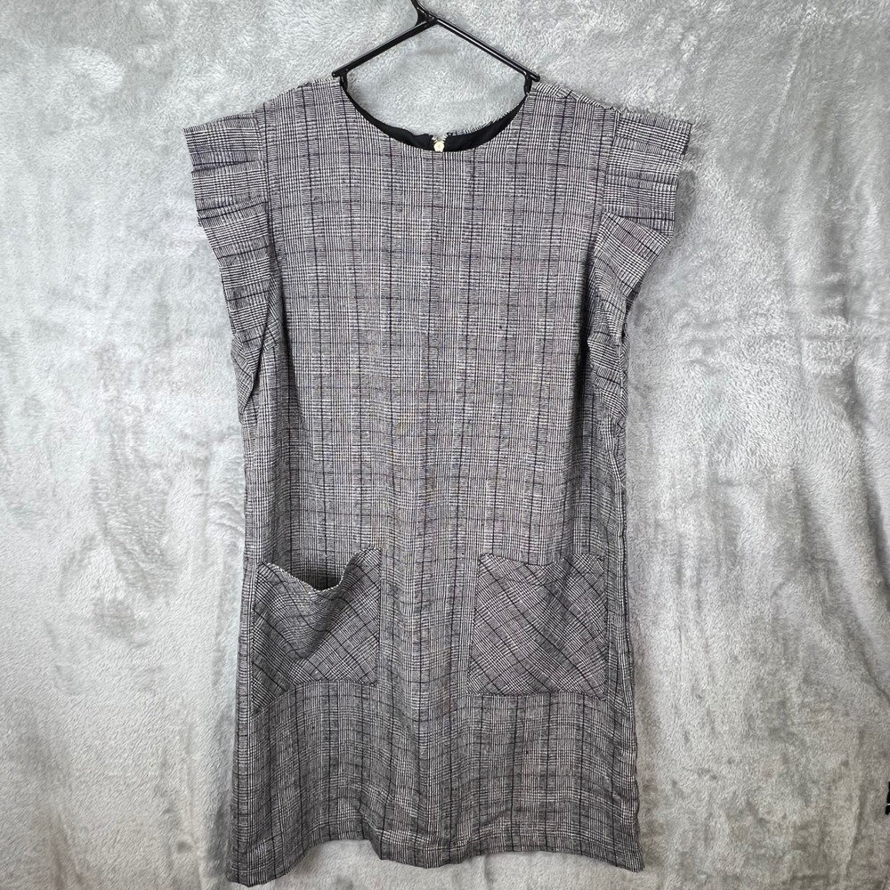 VTG Sugar Lips Gray Glen Plaid Ruffle Sleeve Shift Dress L Mod Retro Chic Preppy